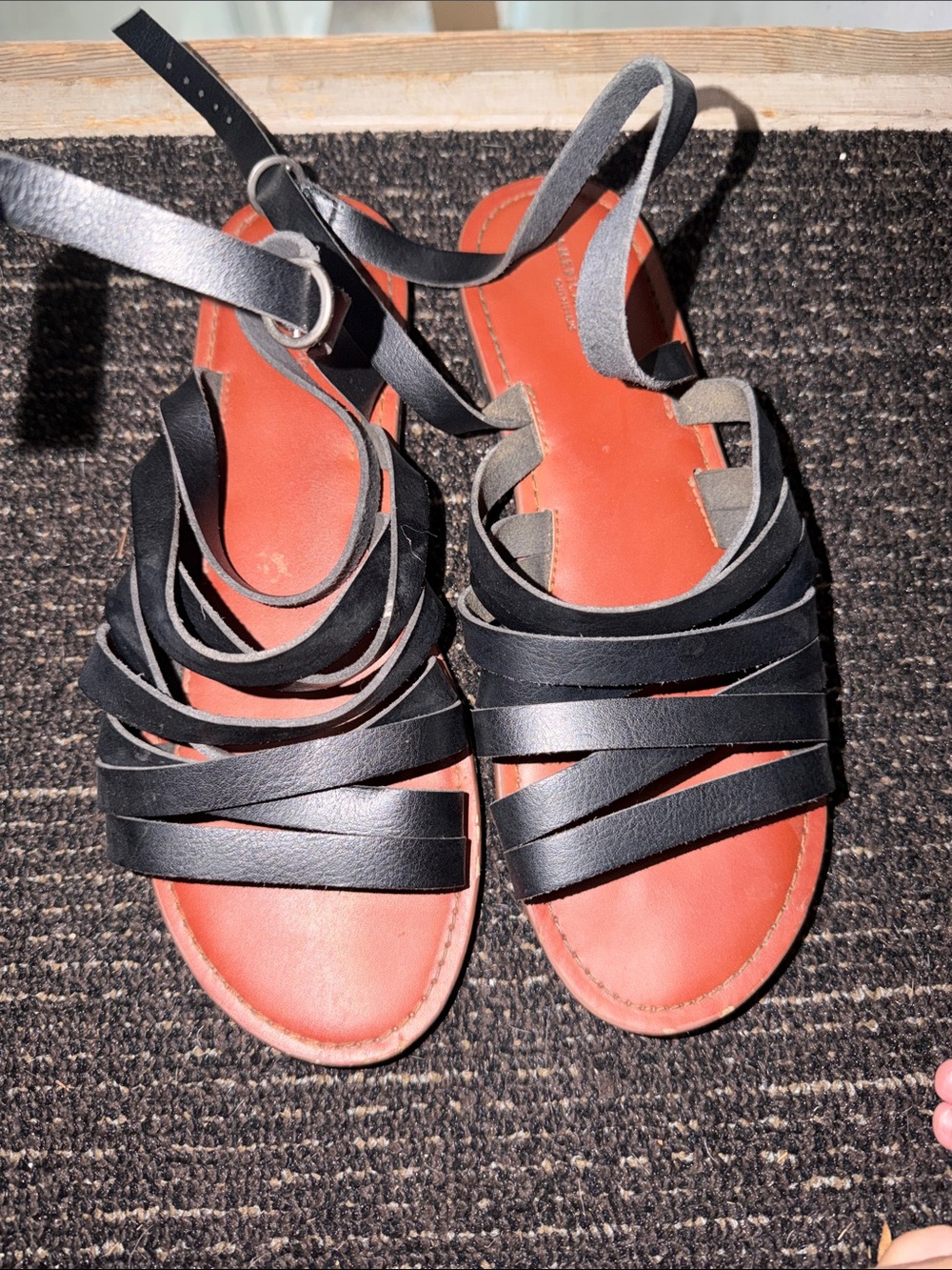 American Eagle Outfitters Black Strappy Leather Sandals with Red-Brown Footbed
